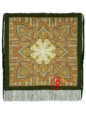 Павлопосадский шерстяной платок с шелковой бахромой «Созерцание», рисунок 1157-10